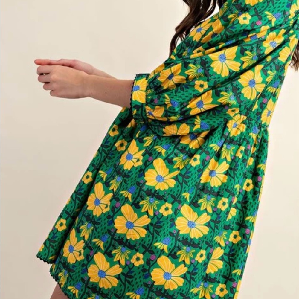 Gigio Aquarius Floral Print Mini Dress With Puff Sleeve And Ric-Rac Trim Large - Picture 2 of 6